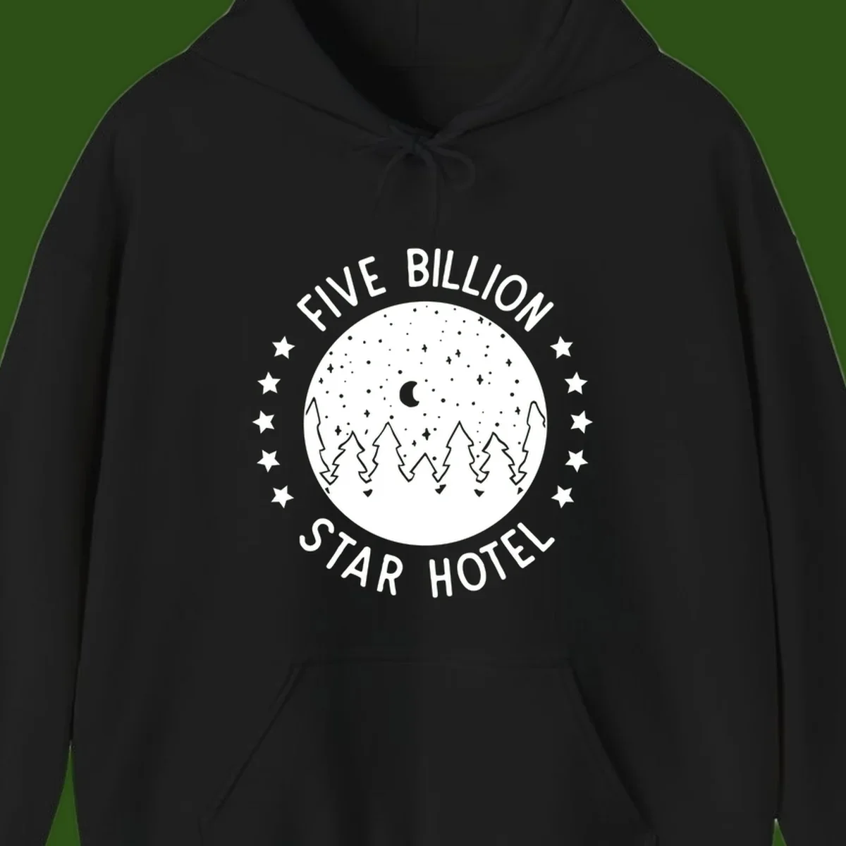 Illustration of crescent moon and pine forest with starry night sky, text reads Five Billion Star Hotel