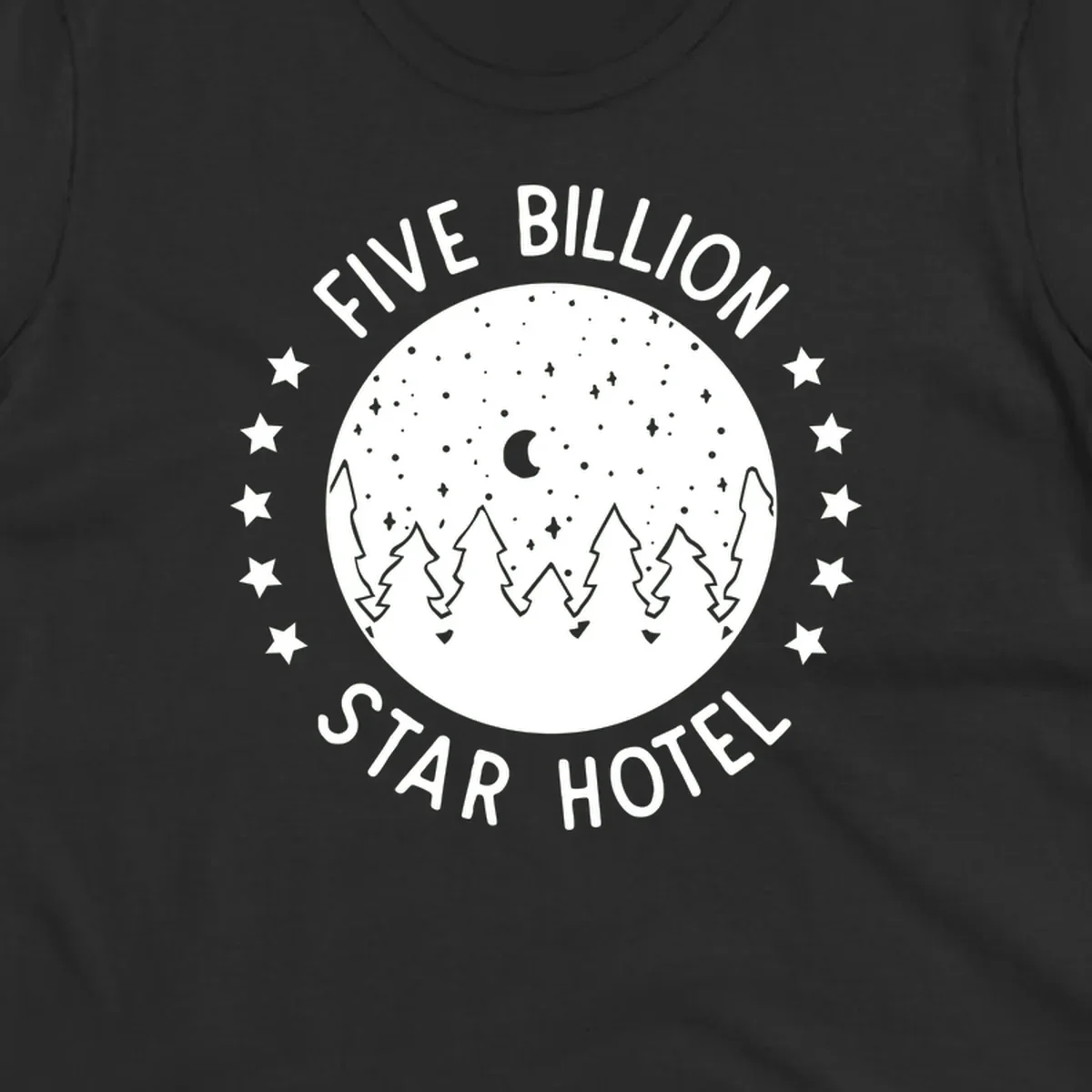 Illustration of crescent moon and pine forest with starry night sky, text reads Five Billion Star Hotel