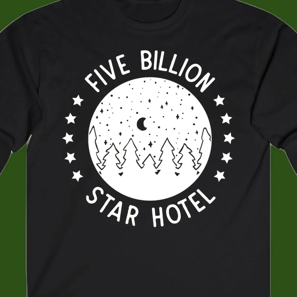 Illustration of crescent moon and pine forest with starry night sky, text reads Five Billion Star Hotel