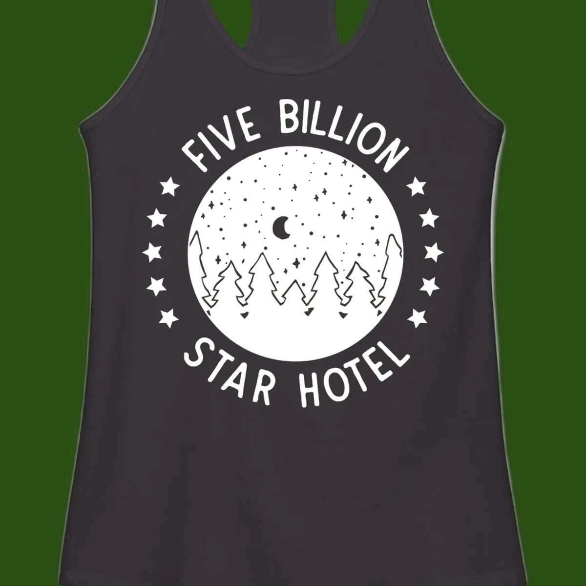 Illustration of crescent moon and pine forest with starry night sky, text reads Five Billion Star Hotel