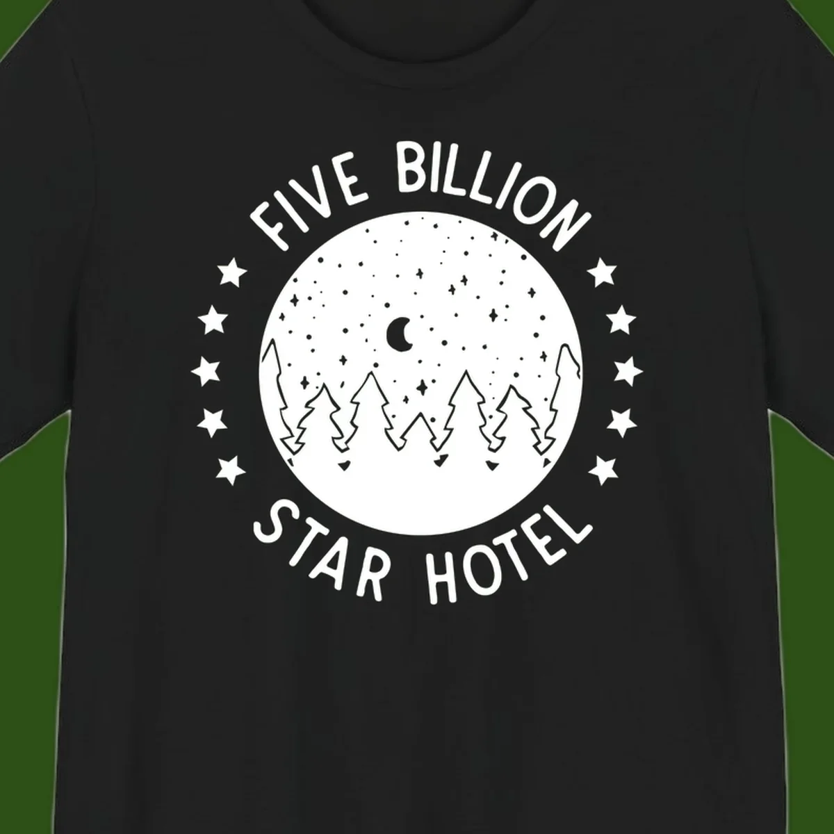 Illustration of crescent moon and pine forest with starry night sky, text reads Five Billion Star Hotel