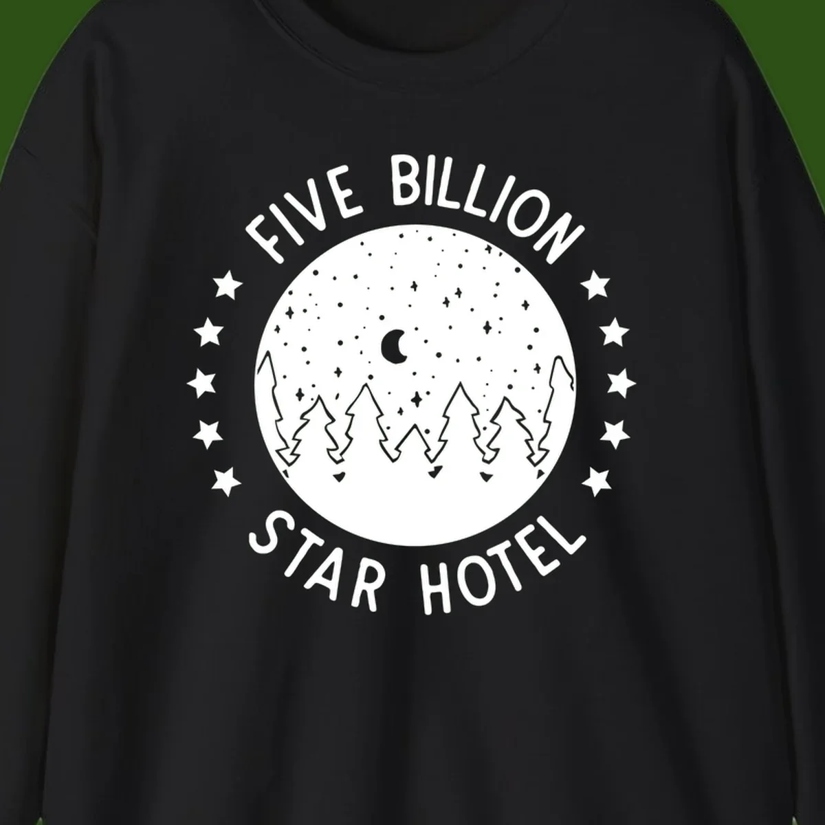 Illustration of crescent moon and pine forest with starry night sky, text reads Five Billion Star Hotel
