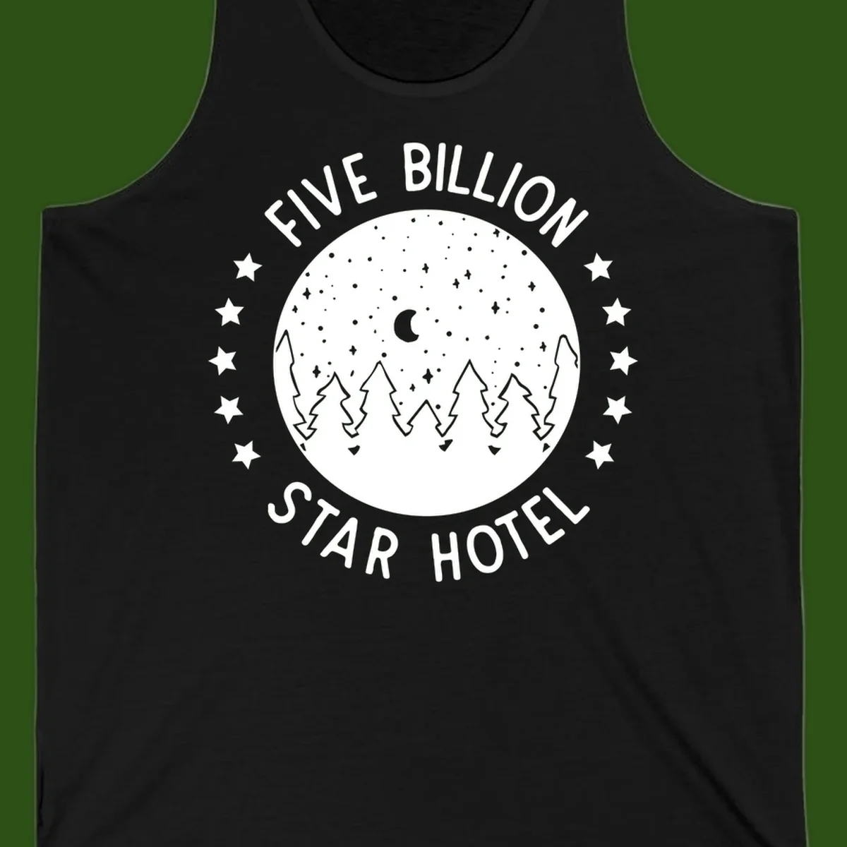 Illustration of crescent moon and pine forest with starry night sky, text reads Five Billion Star Hotel