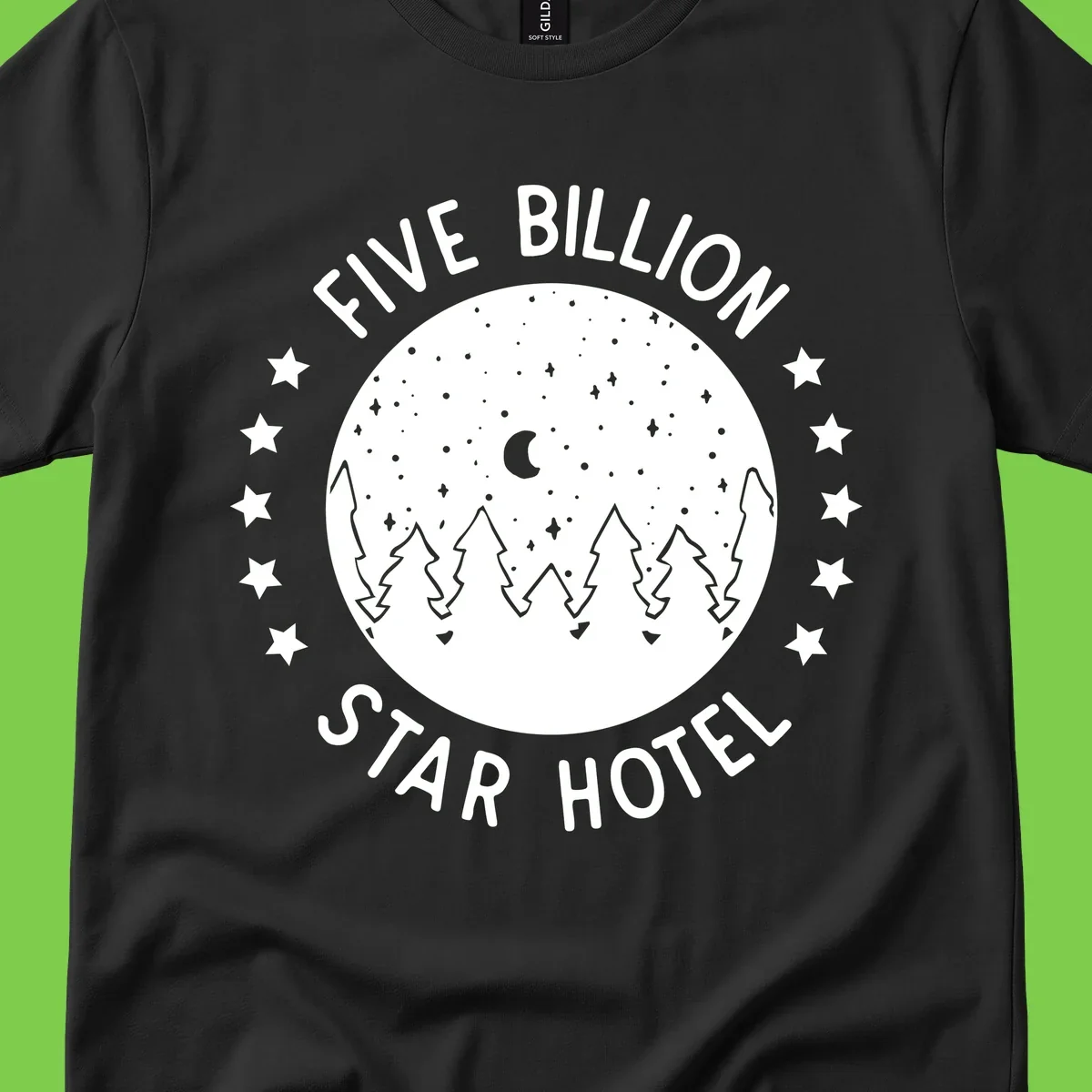 Illustration of crescent moon and pine forest with starry night sky, text reads Five Billion Star Hotel
