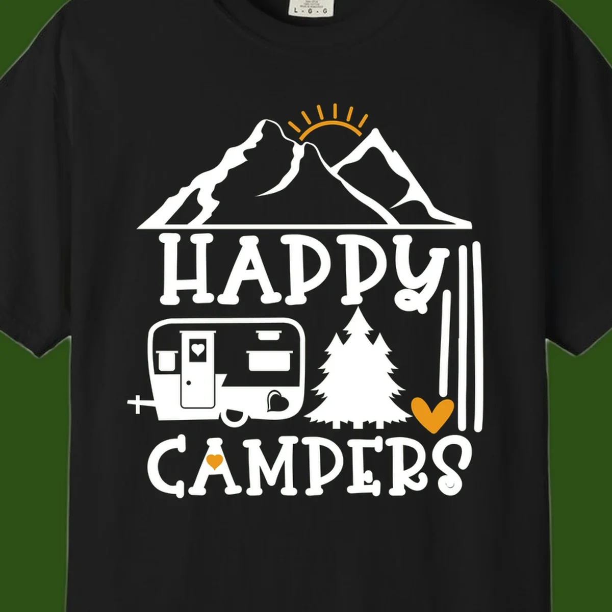 Happy Campers design with mountains, sun, RV trailer, evergreen tree, and gold hearts on gray background