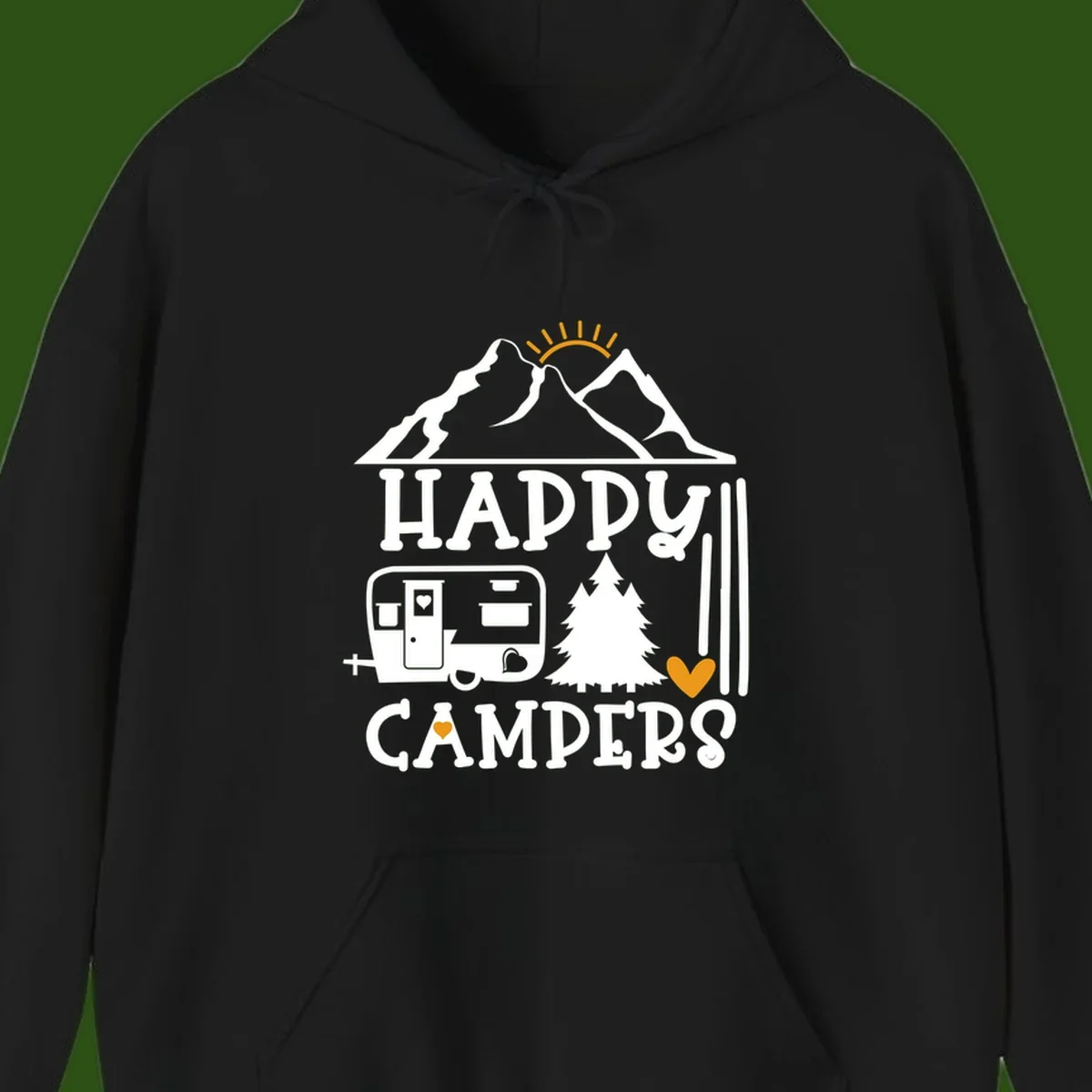 Happy Campers design with mountains, sun, RV trailer, evergreen tree, and gold hearts on gray background