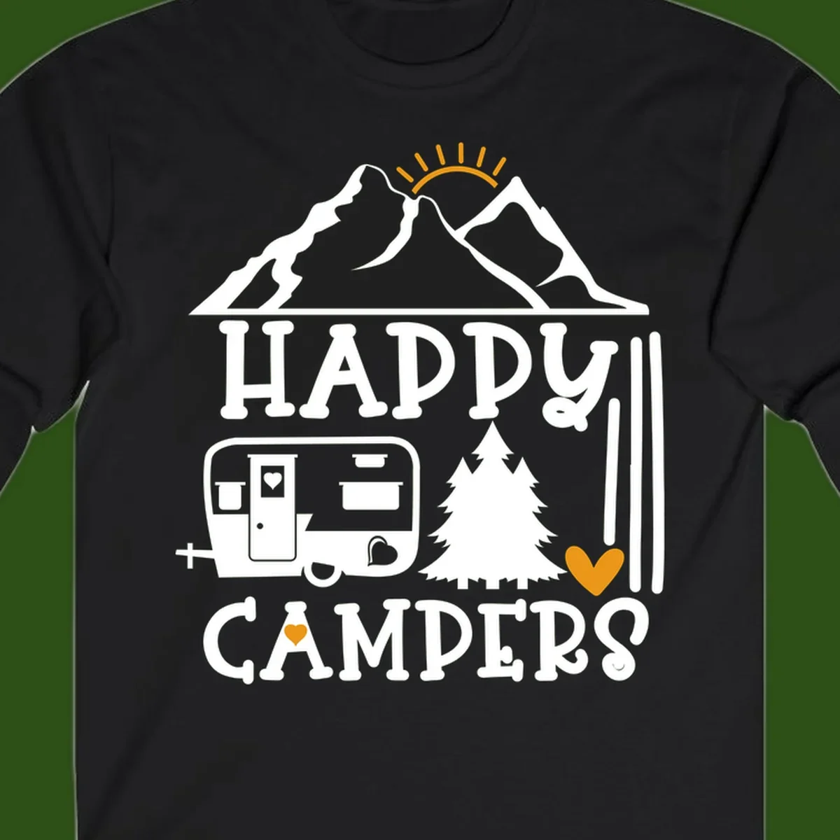 Happy Campers design with mountains, sun, RV trailer, evergreen tree, and gold hearts on gray background
