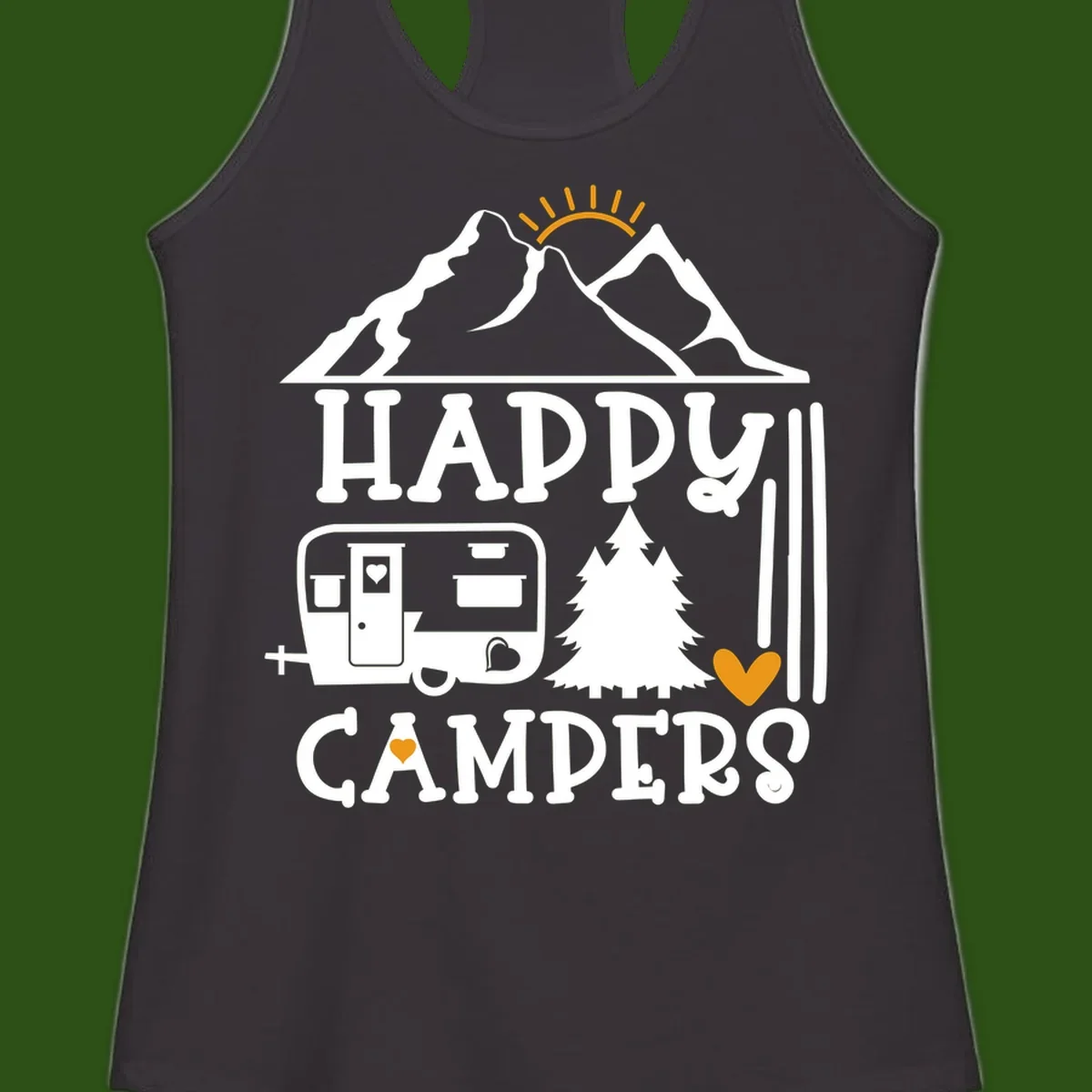 Happy Campers design with mountains, sun, RV trailer, evergreen tree, and gold hearts on gray background