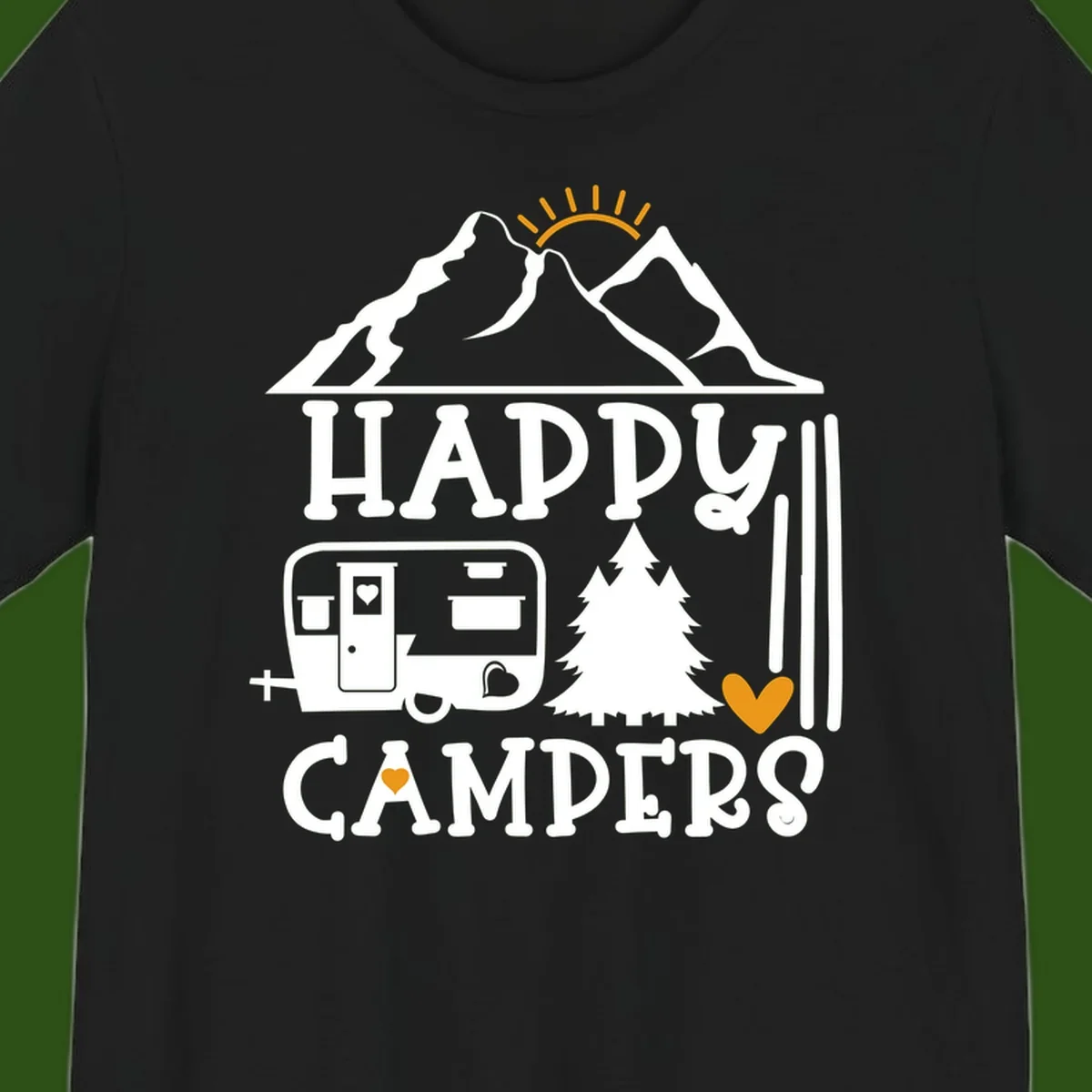 Happy Campers design with mountains, sun, RV trailer, evergreen tree, and gold hearts on gray background