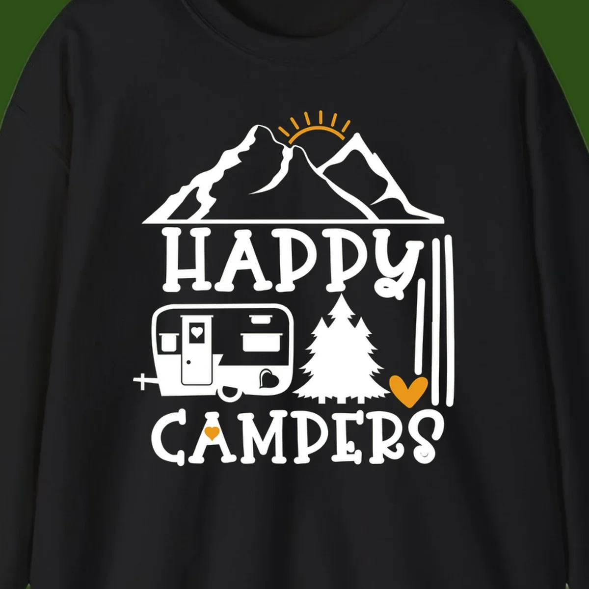 Happy Campers design with mountains, sun, RV trailer, evergreen tree, and gold hearts on gray background