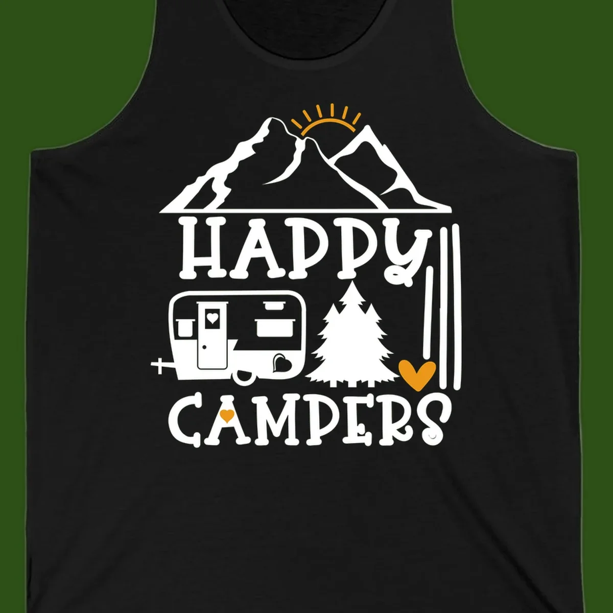 Happy Campers design with mountains, sun, RV trailer, evergreen tree, and gold hearts on gray background