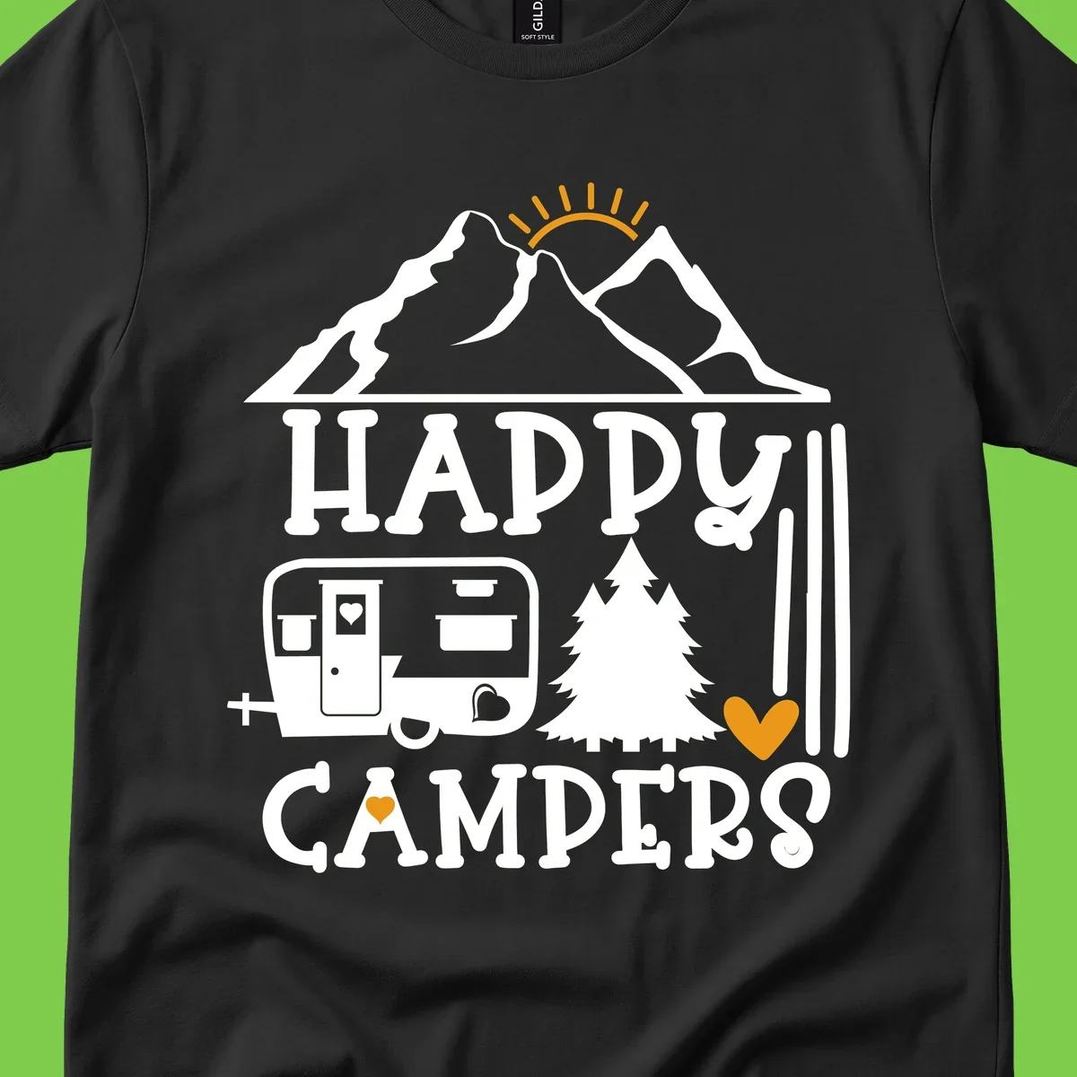 Happy Campers design with mountains, sun, RV trailer, evergreen tree, and gold hearts on gray background
