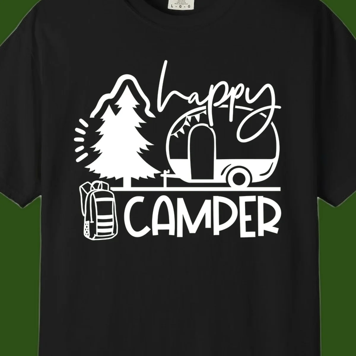 Happy Camper design with evergreen tree, vintage teardrop trailer, backpack, and radiating light rays in white on gray background.