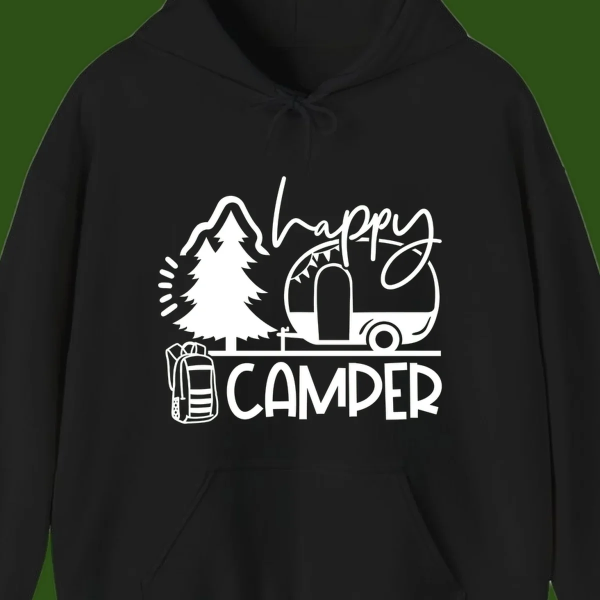 Happy Camper design with evergreen tree, vintage teardrop trailer, backpack, and radiating light rays in white on gray background.