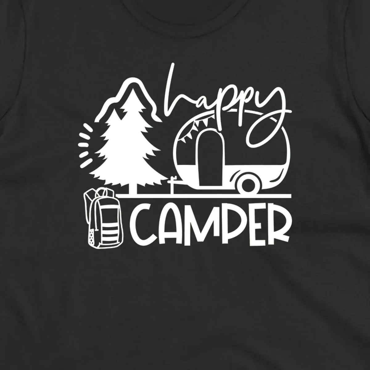 Happy Camper design with evergreen tree, vintage teardrop trailer, backpack, and radiating light rays in white on gray background.