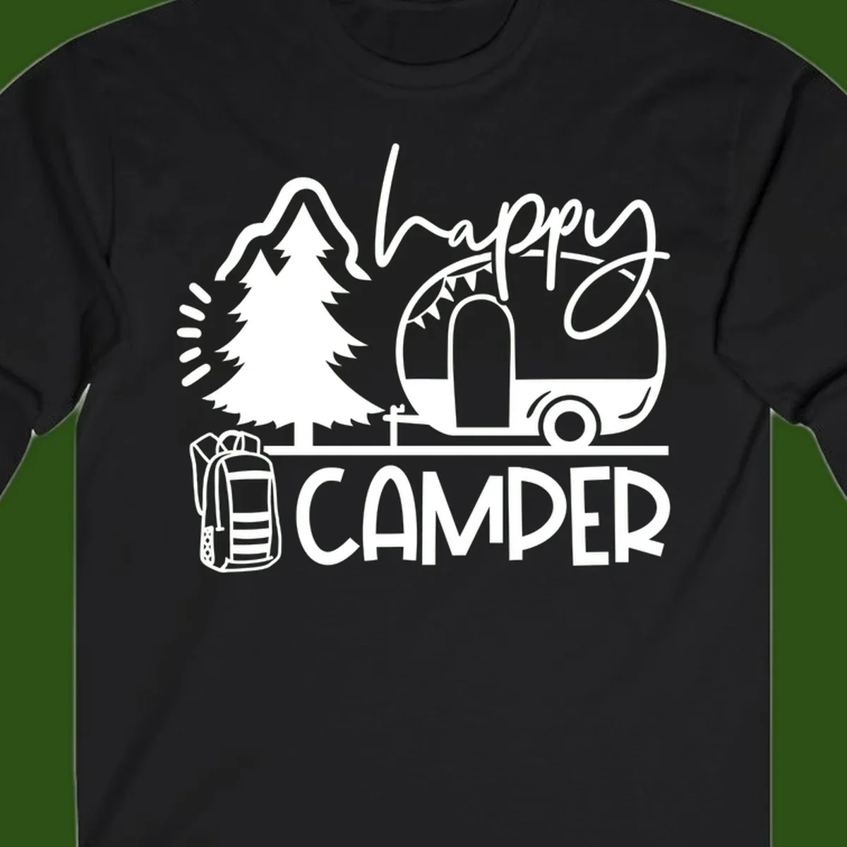 Happy Camper design with evergreen tree, vintage teardrop trailer, backpack, and radiating light rays in white on gray background.
