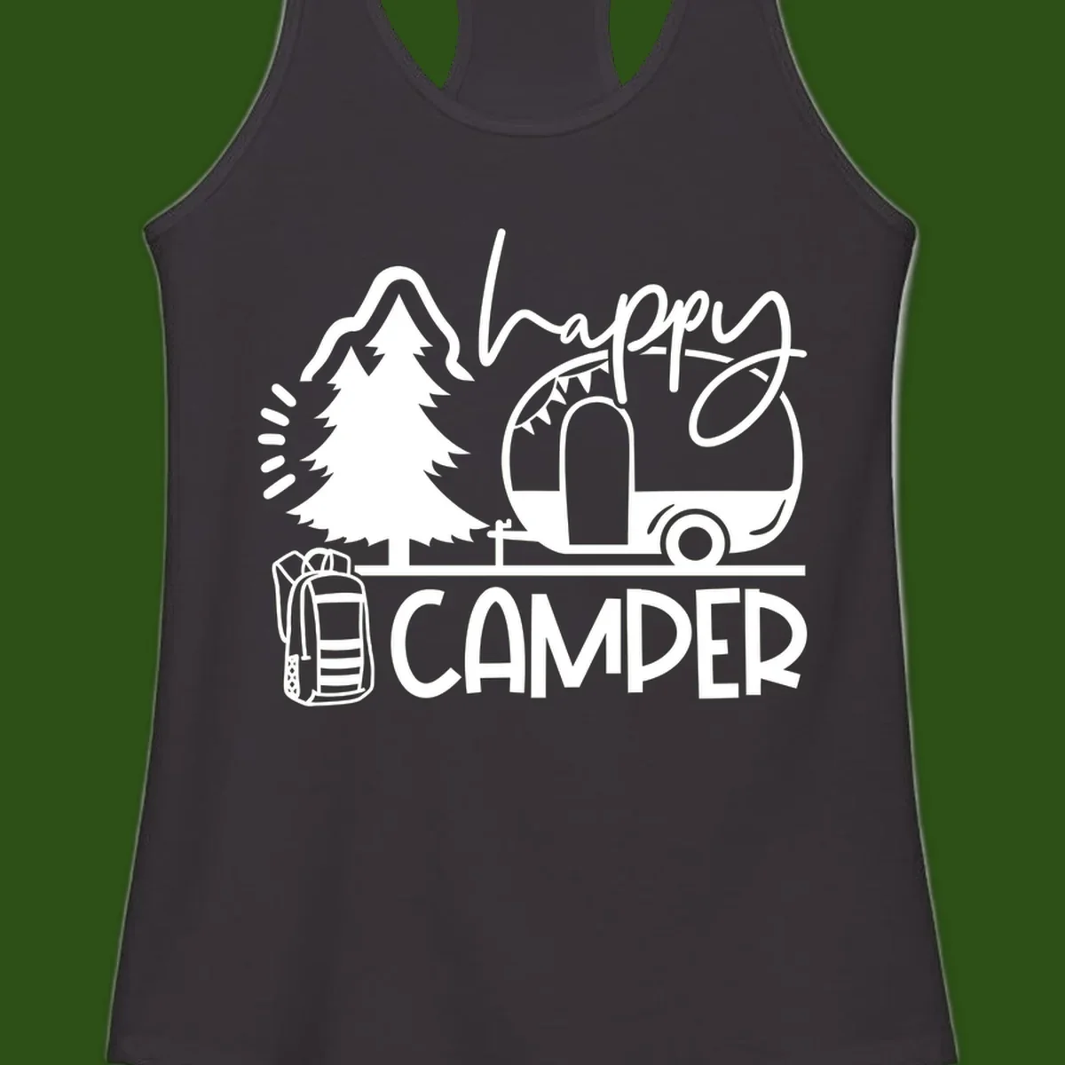 Happy Camper design with evergreen tree, vintage teardrop trailer, backpack, and radiating light rays in white on gray background.