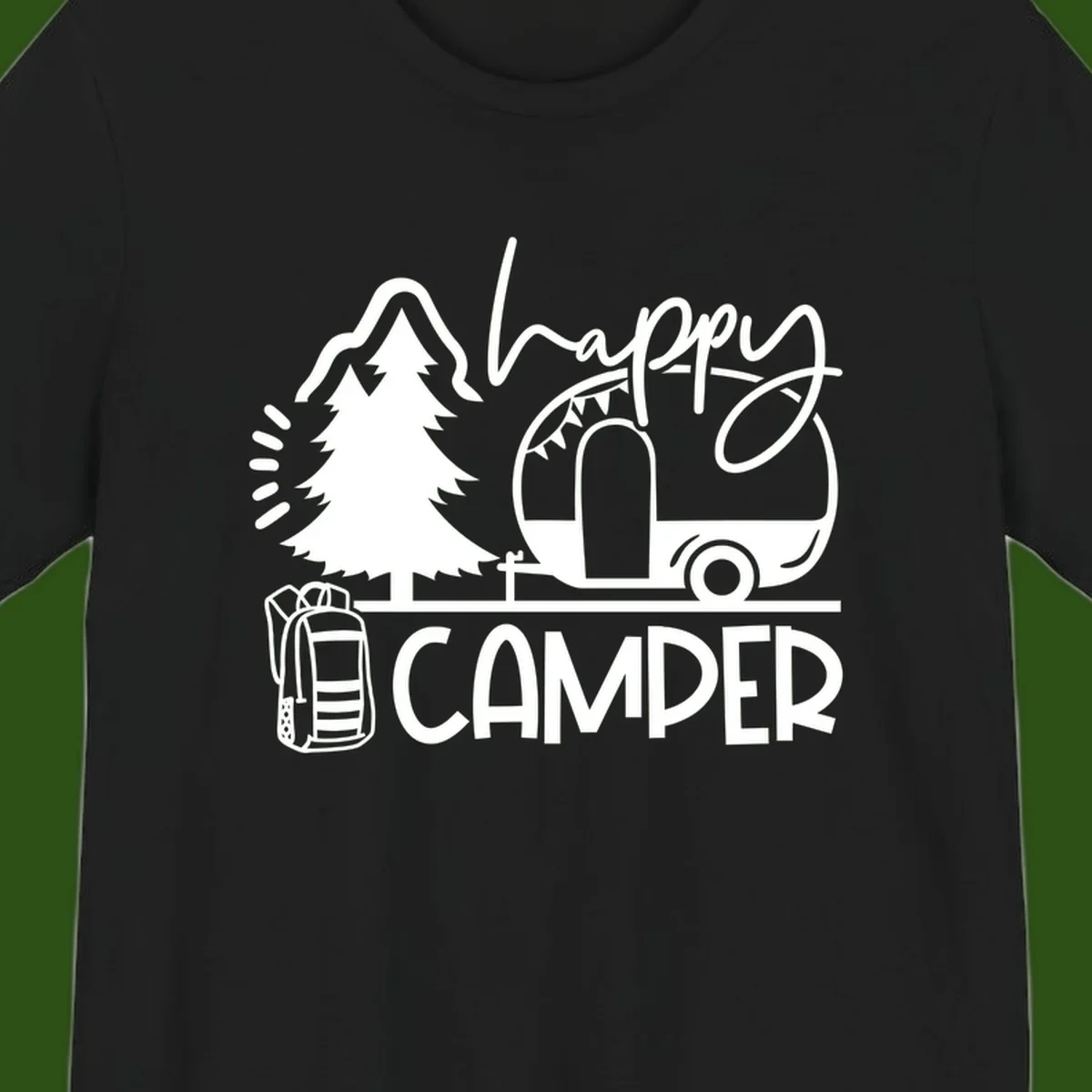 Happy Camper design with evergreen tree, vintage teardrop trailer, backpack, and radiating light rays in white on gray background.