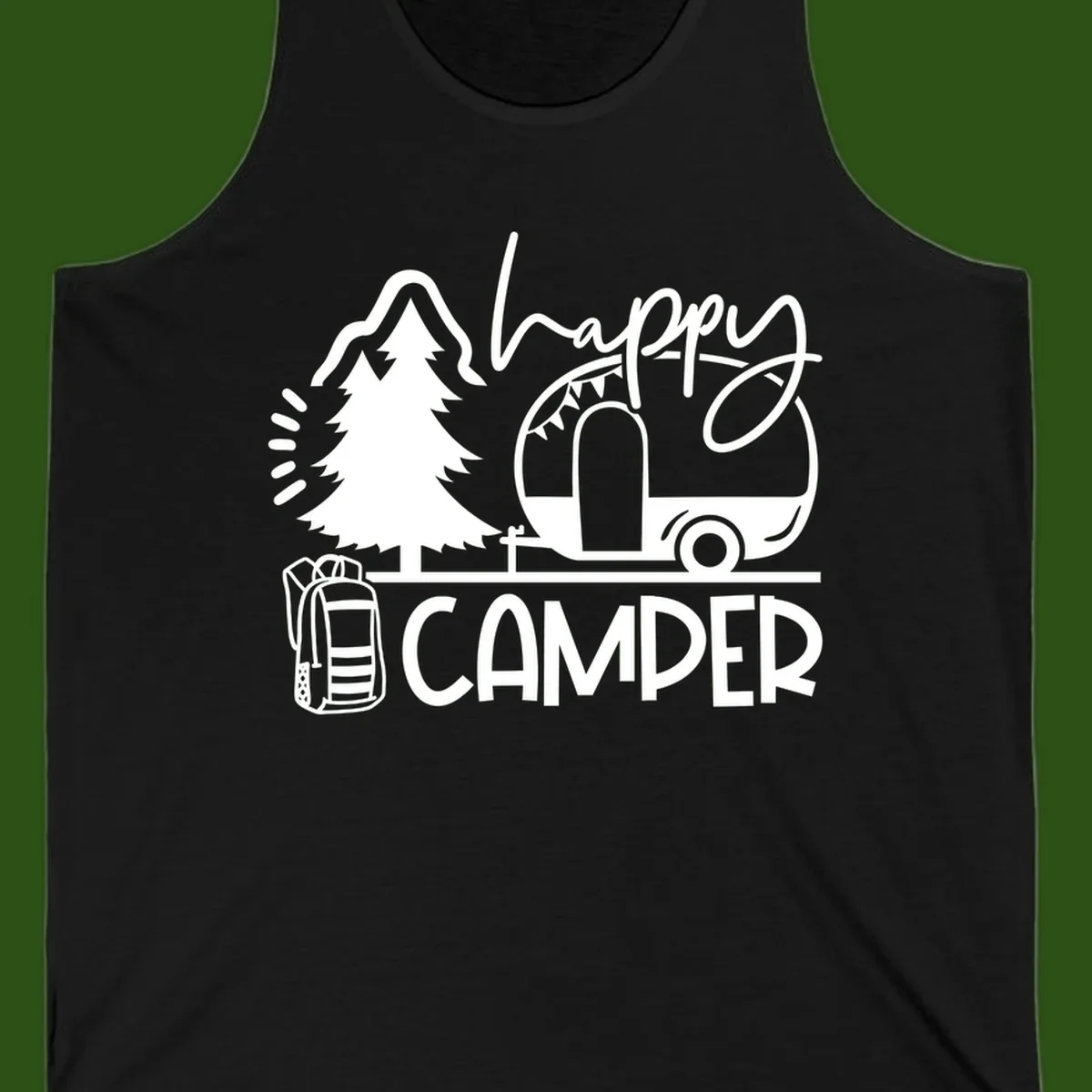 Happy Camper design with evergreen tree, vintage teardrop trailer, backpack, and radiating light rays in white on gray background.