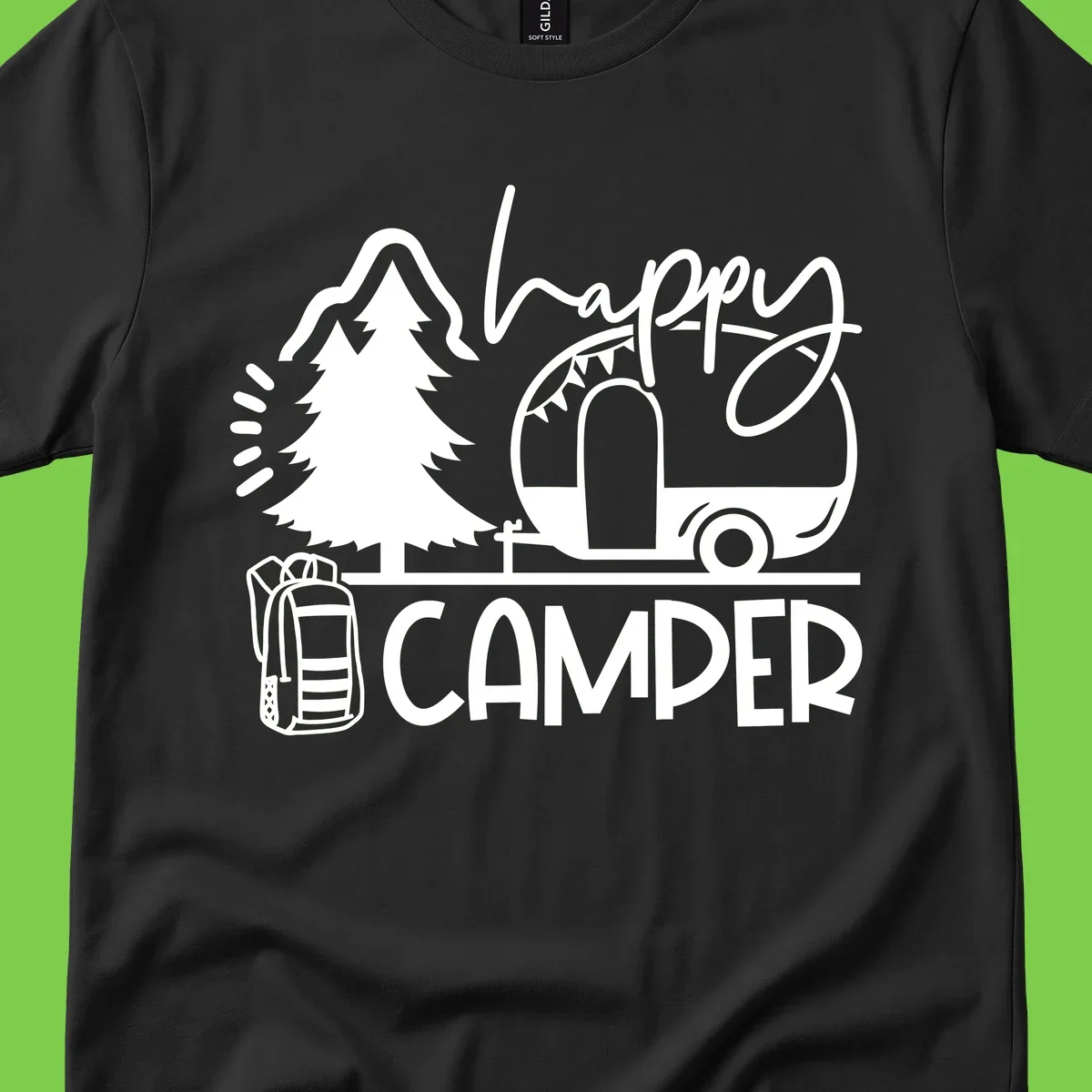 Happy Camper design with evergreen tree, vintage teardrop trailer, backpack, and radiating light rays in white on gray background.