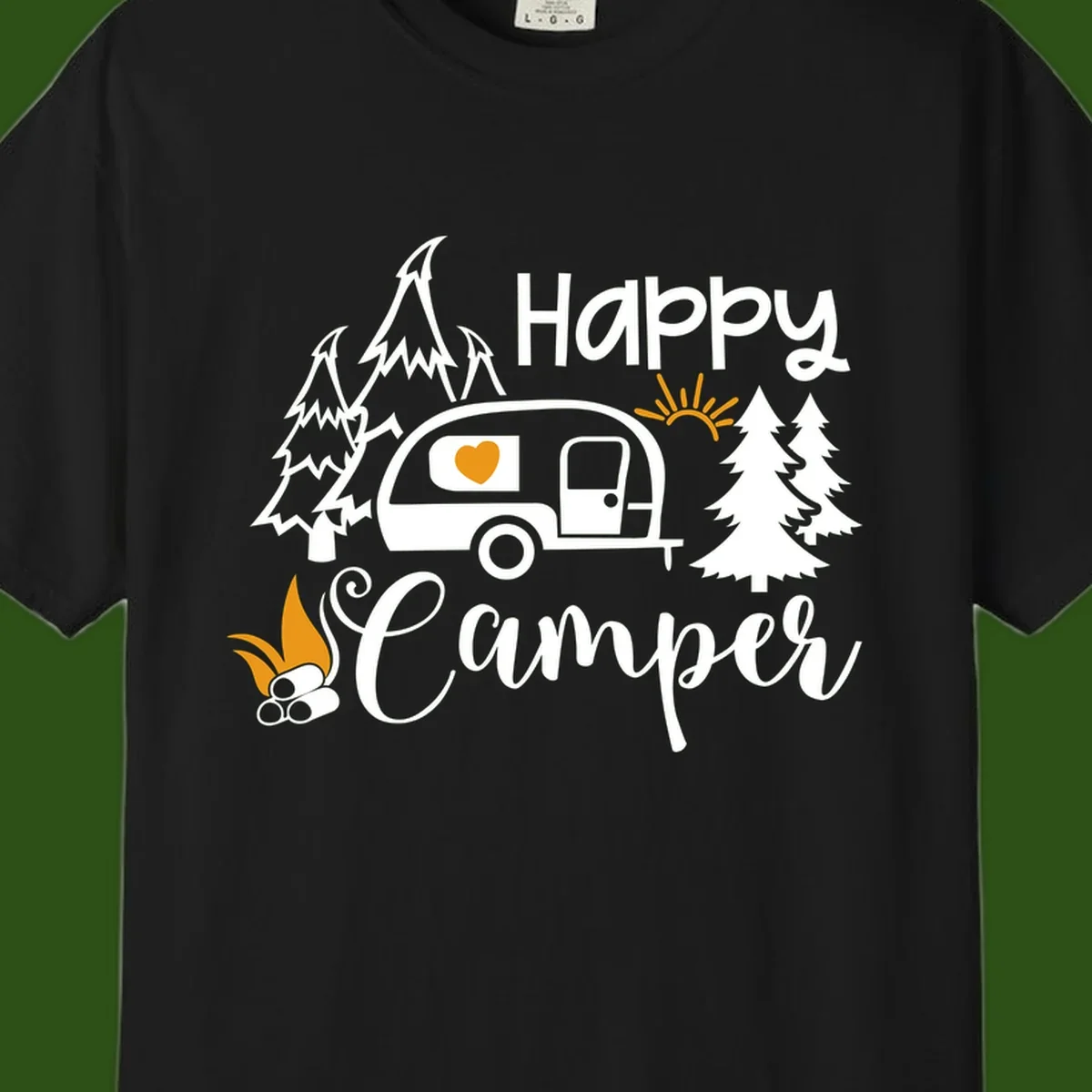 Happy Camper design featuring a retro travel trailer with heart window, surrounded by trees, campfire, and sun on gray background