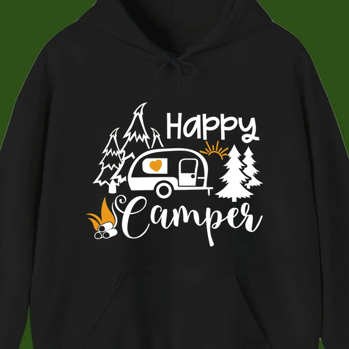 Happy Camper design featuring a retro travel trailer with heart window, surrounded by trees, campfire, and sun on gray background
