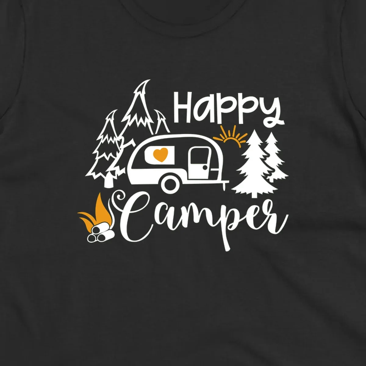 Happy Camper design featuring a retro travel trailer with heart window, surrounded by trees, campfire, and sun on gray background