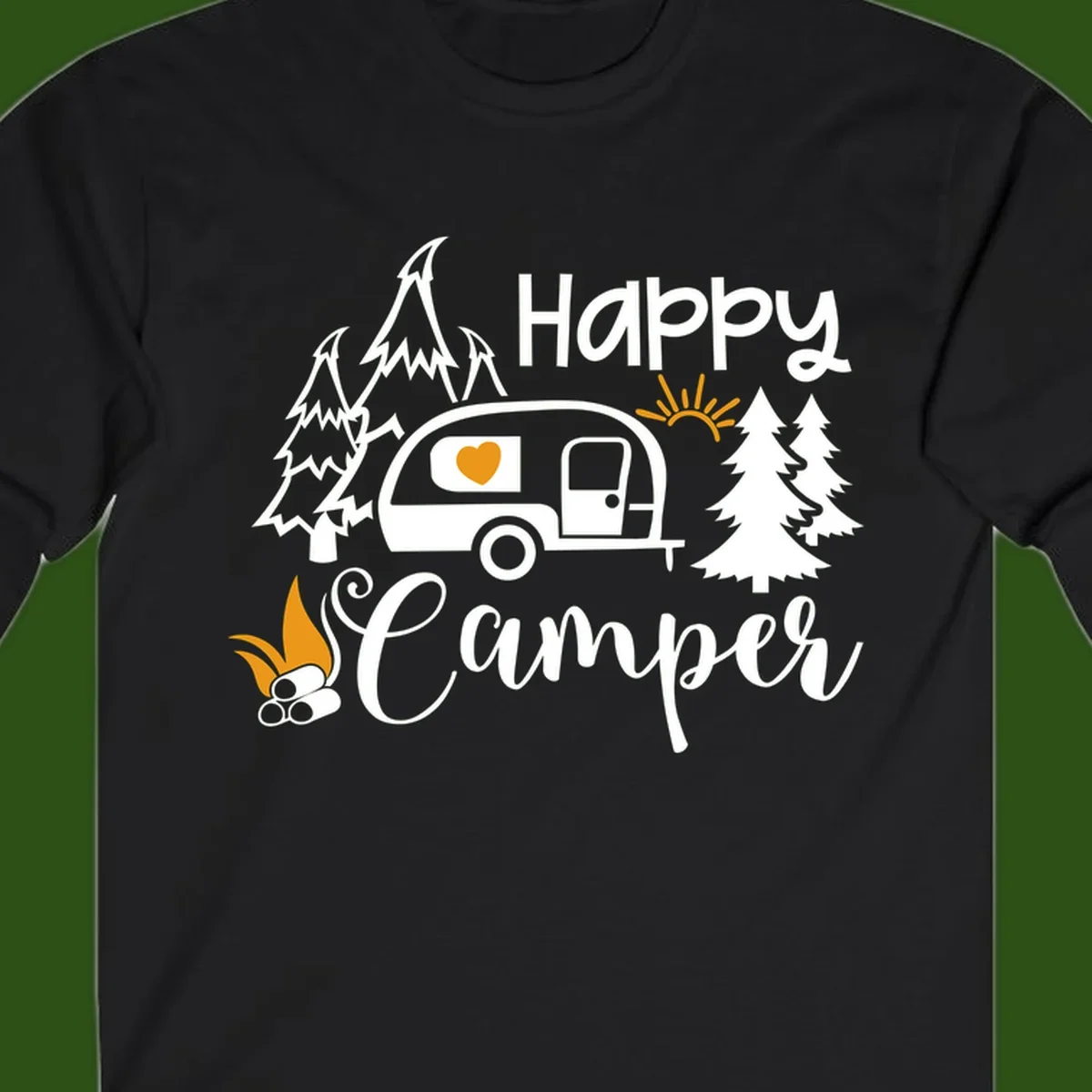 Happy Camper design featuring a retro travel trailer with heart window, surrounded by trees, campfire, and sun on gray background