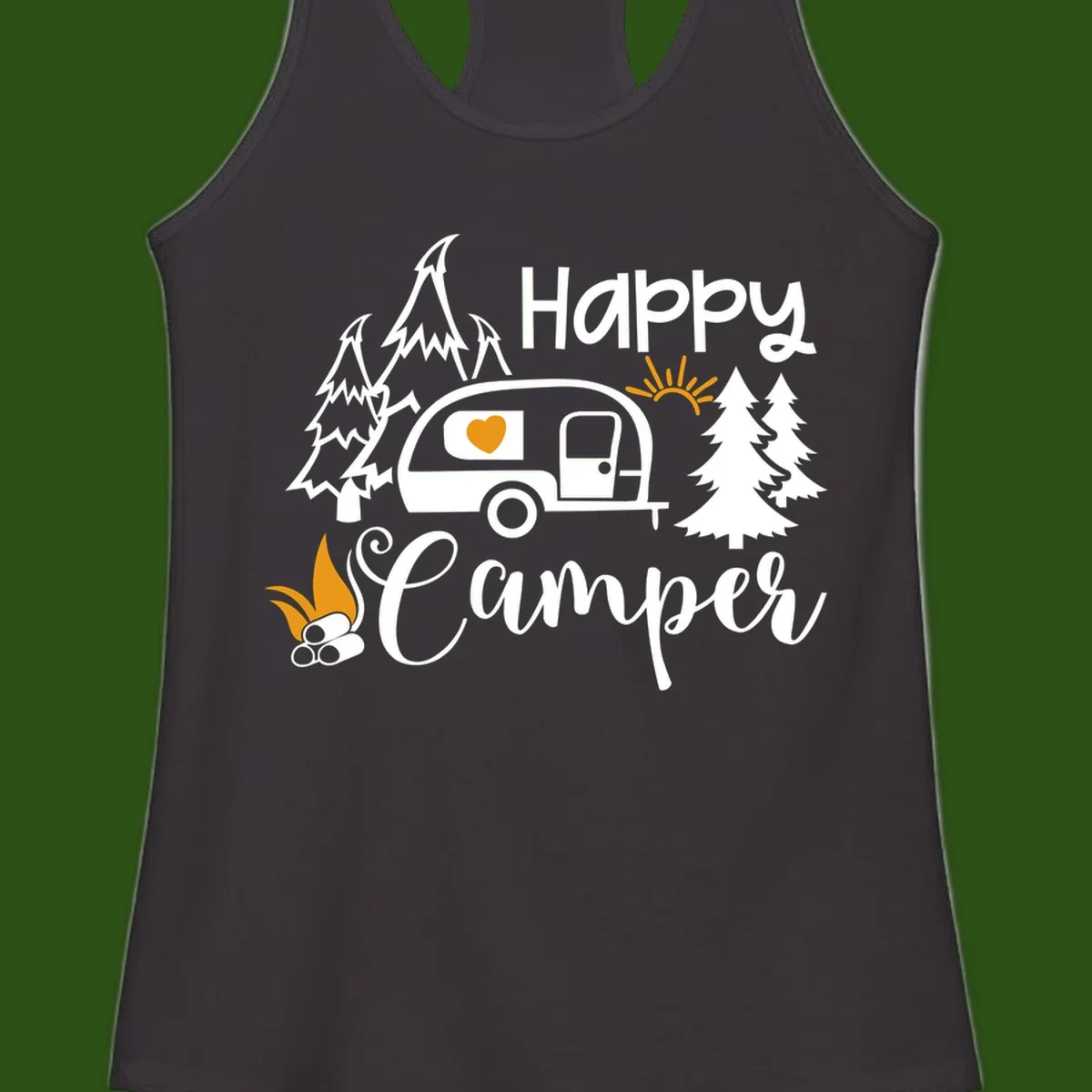 Happy Camper design featuring a retro travel trailer with heart window, surrounded by trees, campfire, and sun on gray background