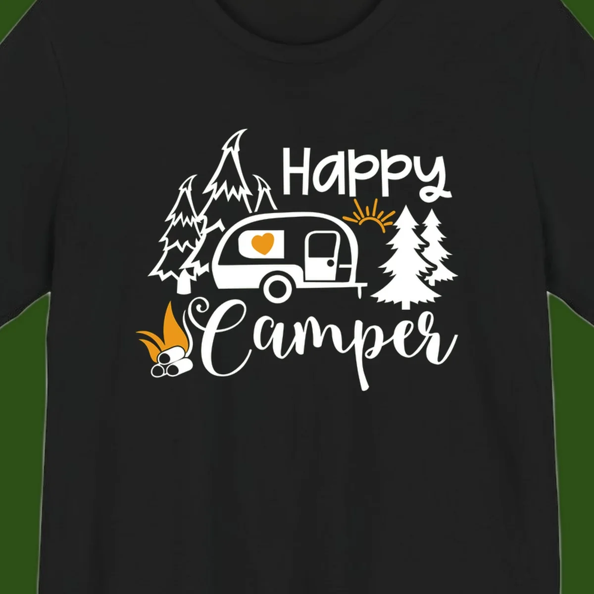 Happy Camper design featuring a retro travel trailer with heart window, surrounded by trees, campfire, and sun on gray background