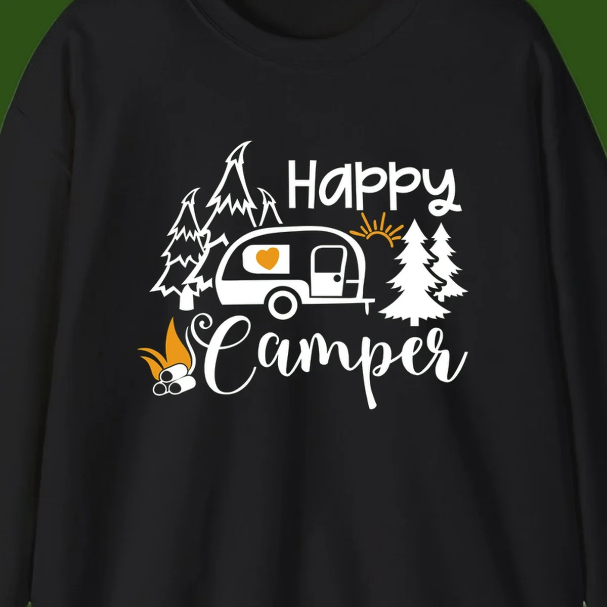 Happy Camper design featuring a retro travel trailer with heart window, surrounded by trees, campfire, and sun on gray background