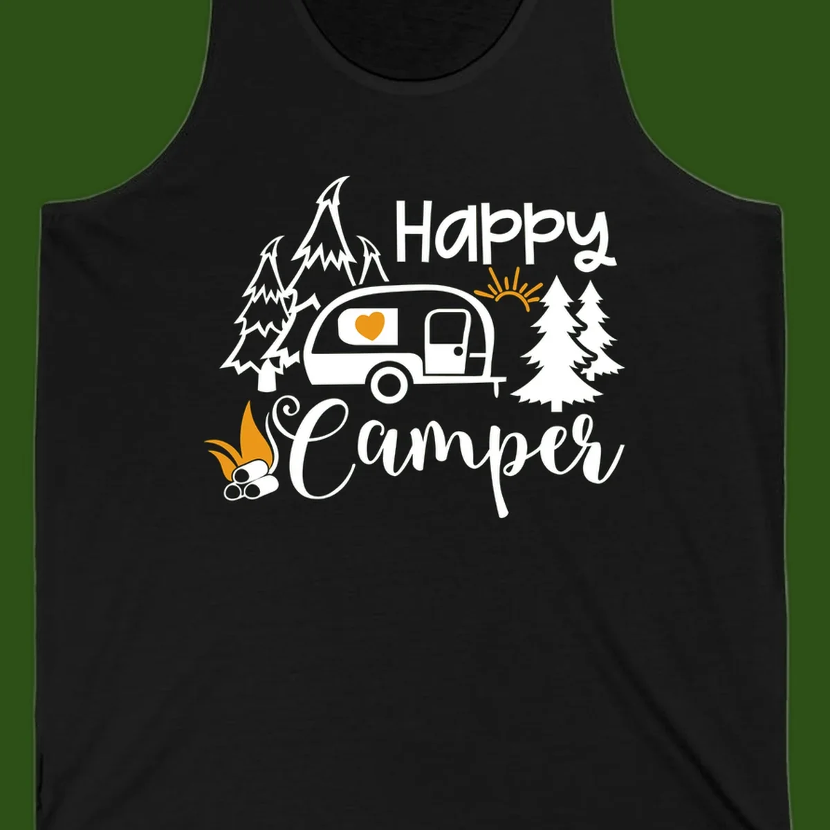 Happy Camper design featuring a retro travel trailer with heart window, surrounded by trees, campfire, and sun on gray background