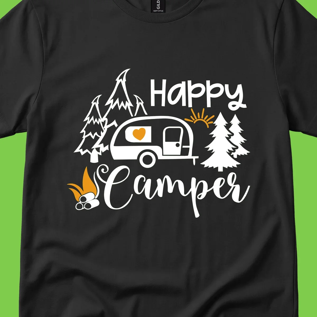Happy Camper design featuring a retro travel trailer with heart window, surrounded by trees, campfire, and sun on gray background