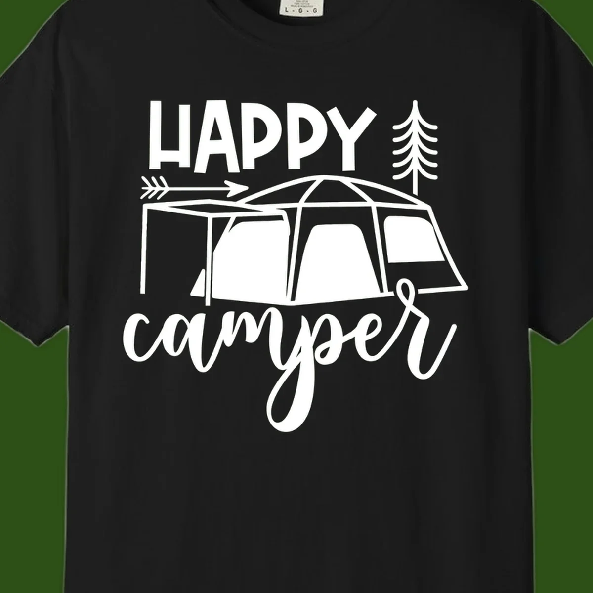 Happy Camper design with illustrated tent, evergreen trees, and arrow on gray background