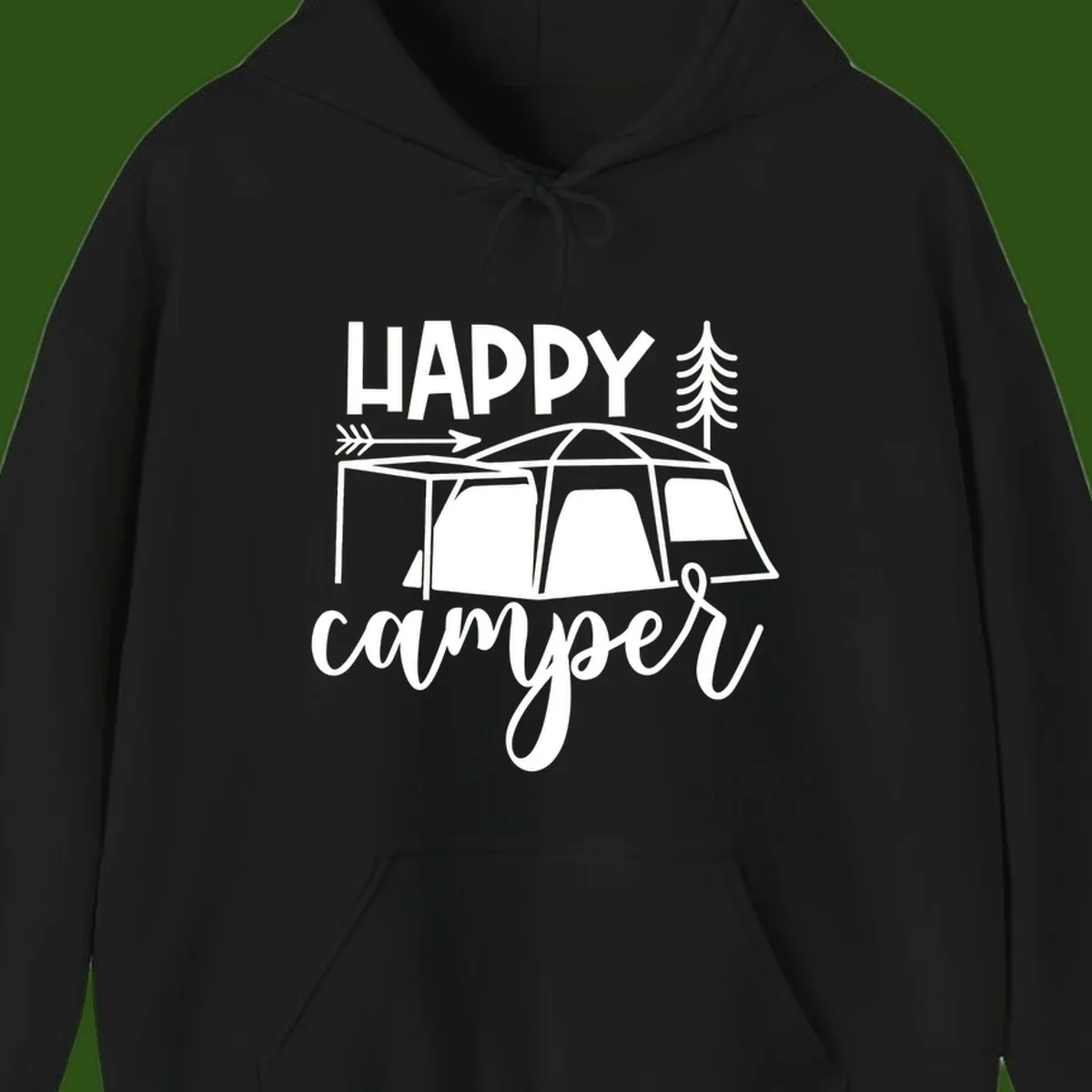 Happy Camper design with illustrated tent, evergreen trees, and arrow on gray background