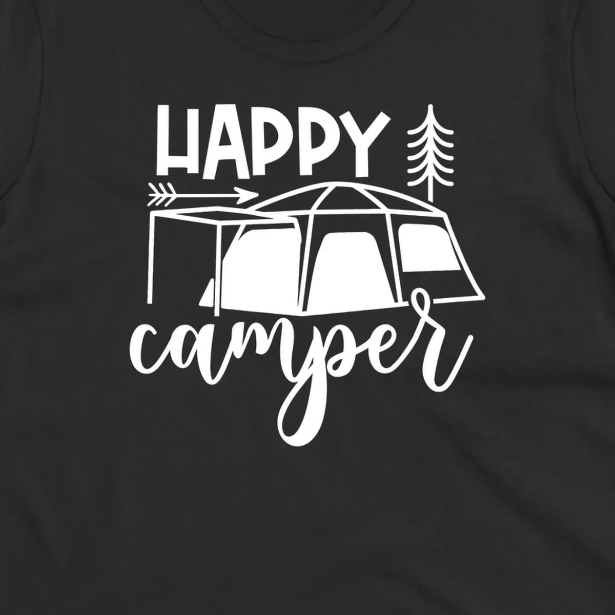 Happy Camper design with illustrated tent, evergreen trees, and arrow on gray background