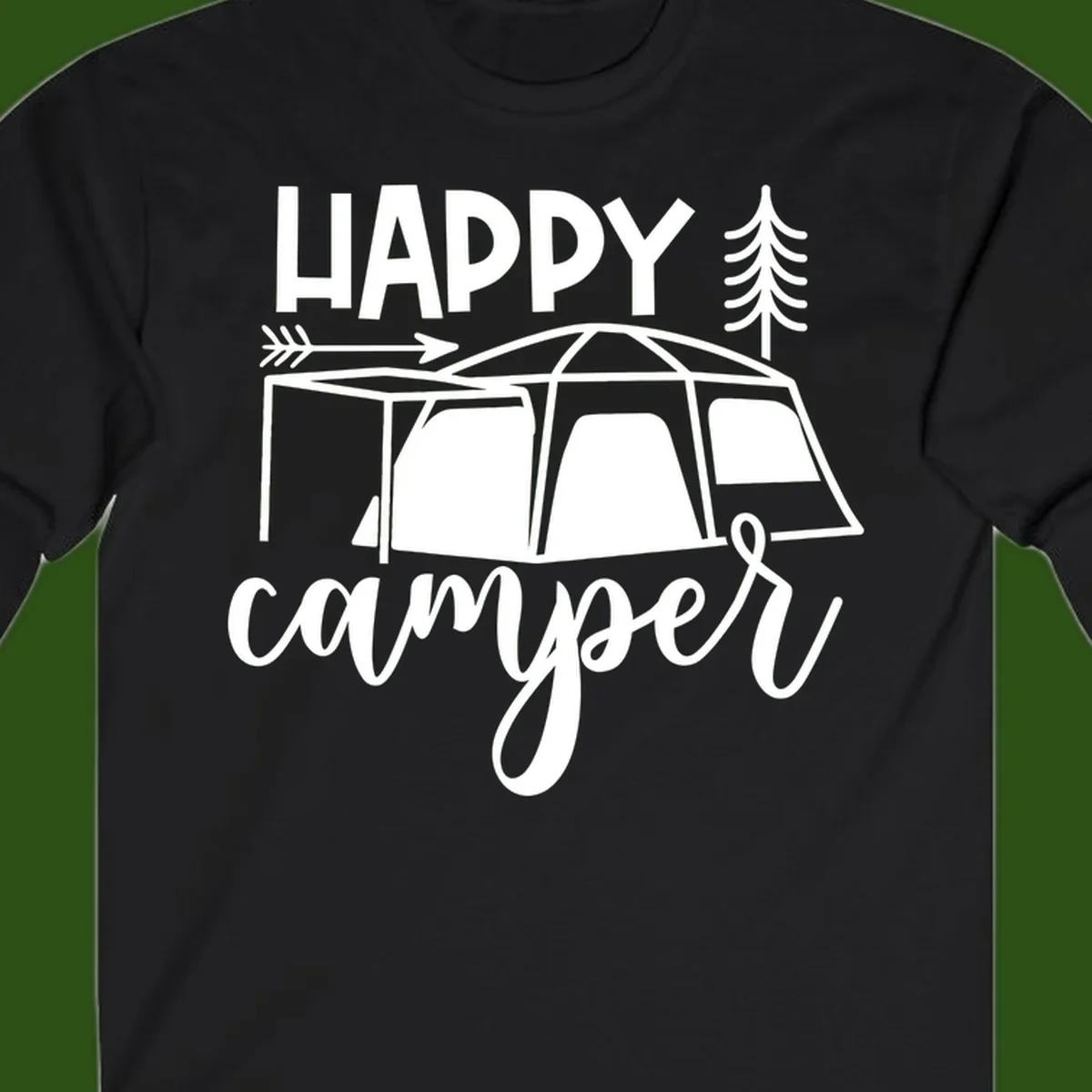 Happy Camper design with illustrated tent, evergreen trees, and arrow on gray background