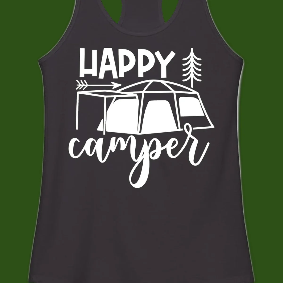 Happy Camper design with illustrated tent, evergreen trees, and arrow on gray background