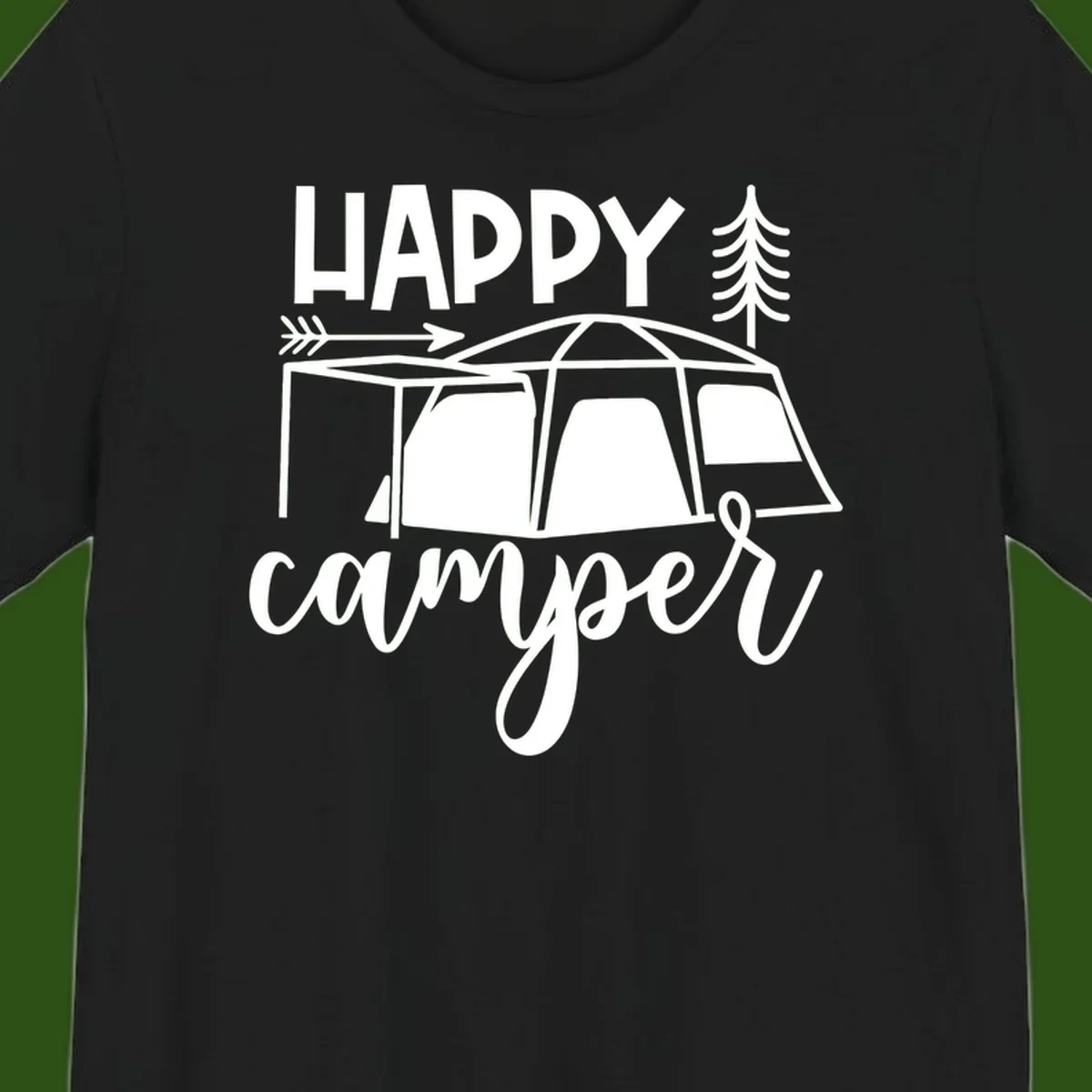 Happy Camper design with illustrated tent, evergreen trees, and arrow on gray background