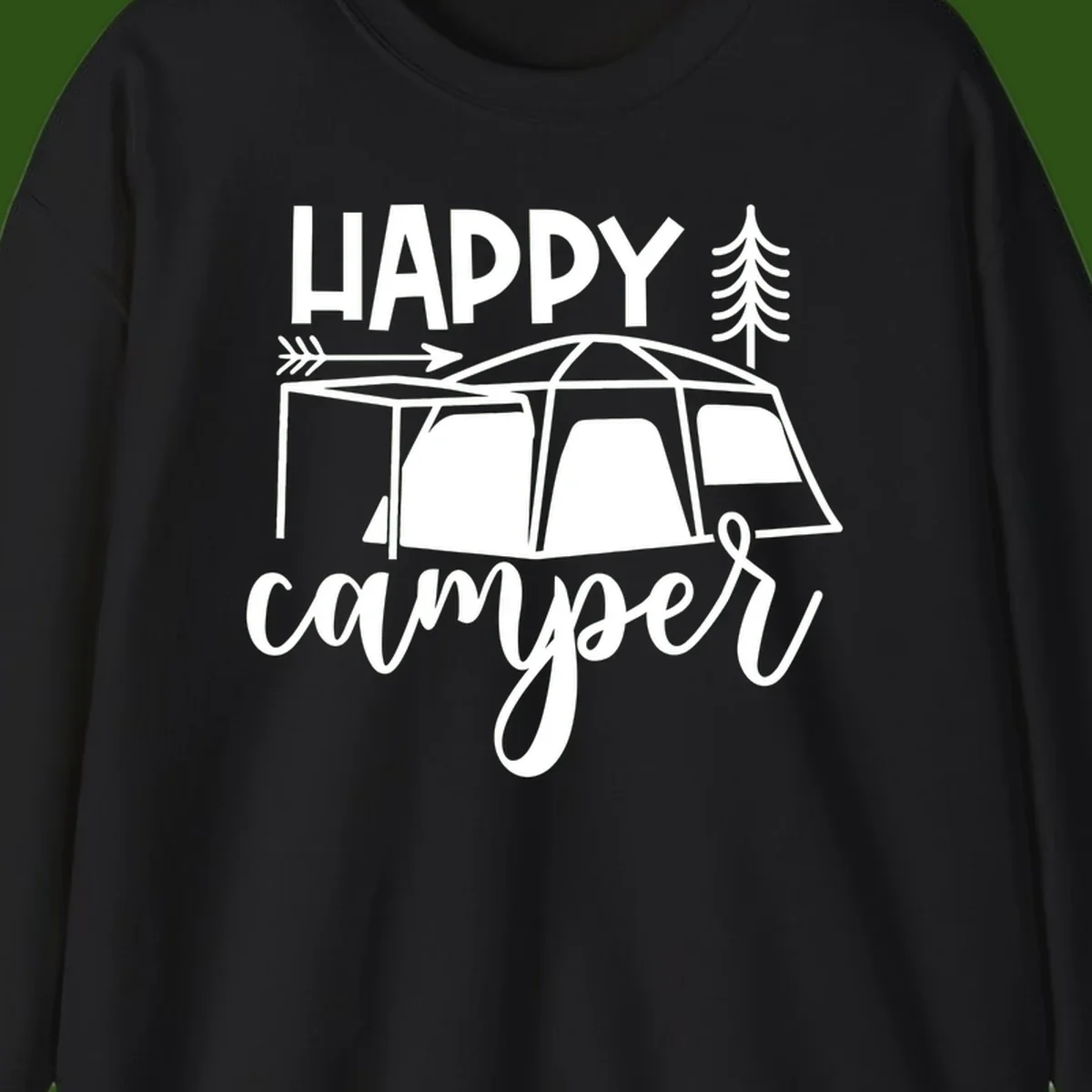 Happy Camper design with illustrated tent, evergreen trees, and arrow on gray background
