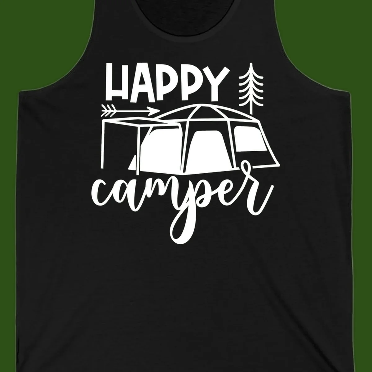 Happy Camper design with illustrated tent, evergreen trees, and arrow on gray background