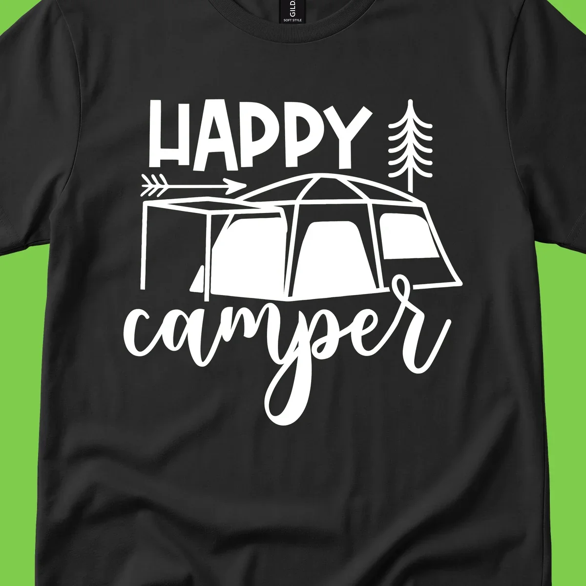 Happy Camper design with illustrated tent, evergreen trees, and arrow on gray background