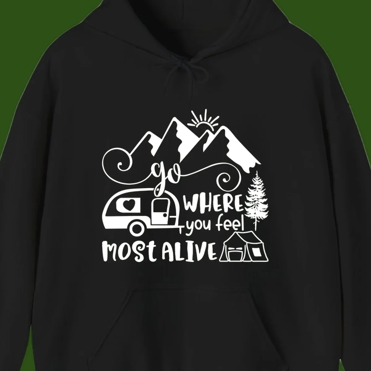 Line art design with mountains, camper van, tent and pine tree with text 'go where you feel most alive' celebrating nomadic camping lifestyle
