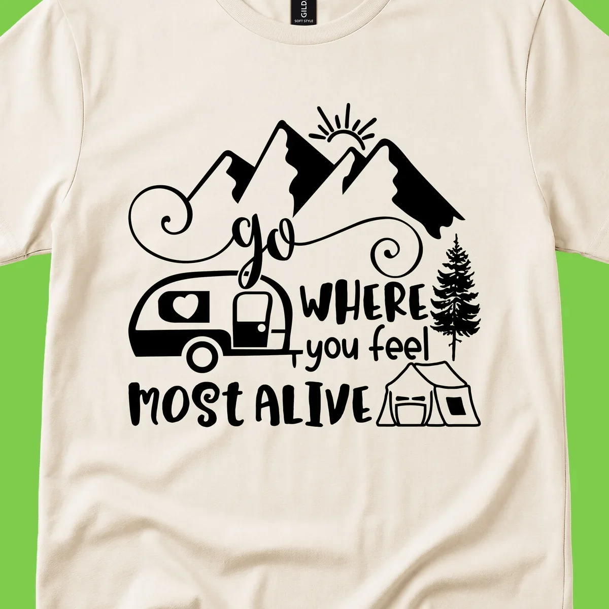 Line art design with mountains, camper van, tent and pine tree with text 'go where you feel most alive' celebrating nomadic camping lifestyle