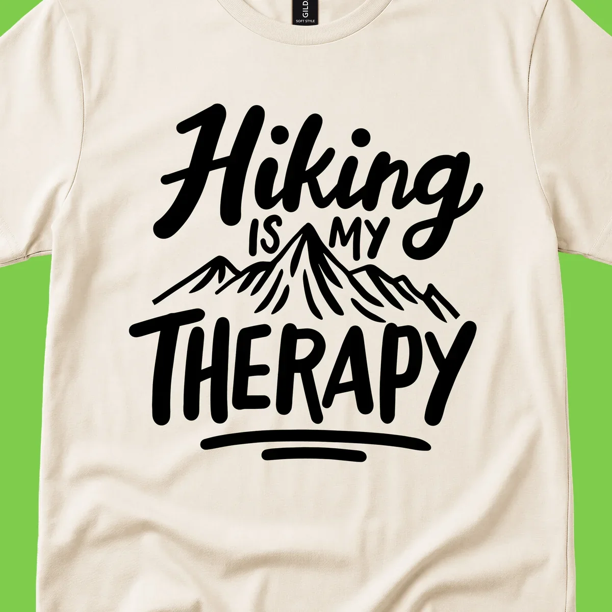 White text reading 'Hiking is MY THERAPY' with illustrated mountain range, on gray background