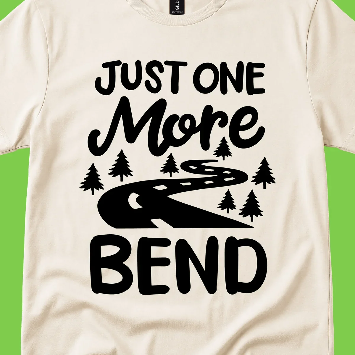 White design on gray background showing a winding road through evergreen trees with cursive text reading 'Just One More Bend'