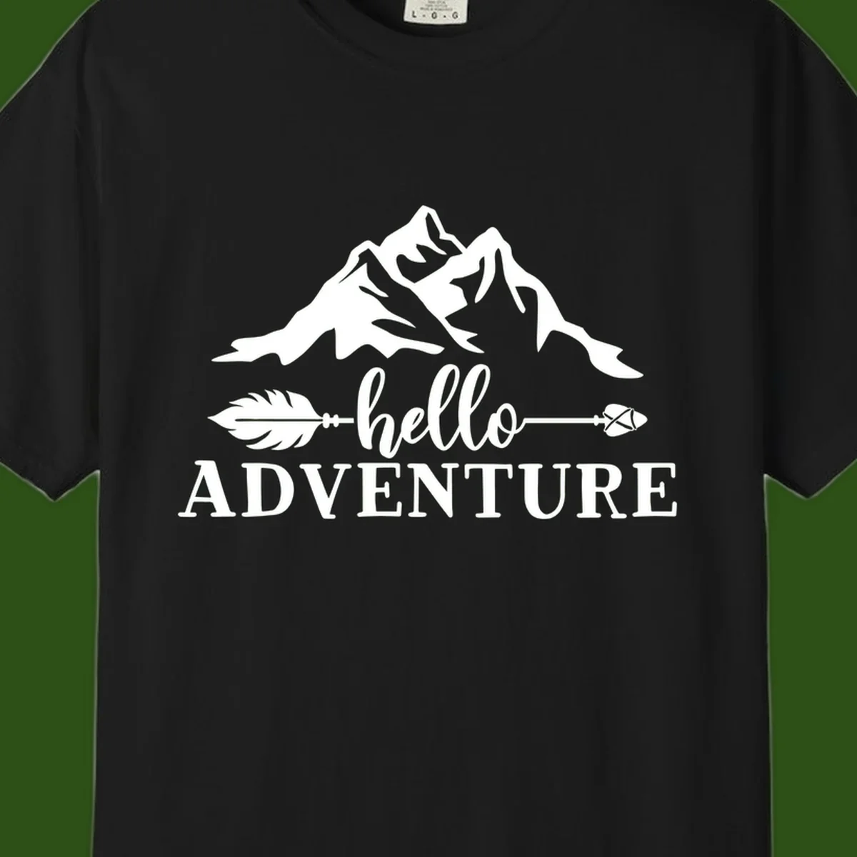 White minimalist design with snow-capped mountains, feather arrows, and hello adventure text on gray background