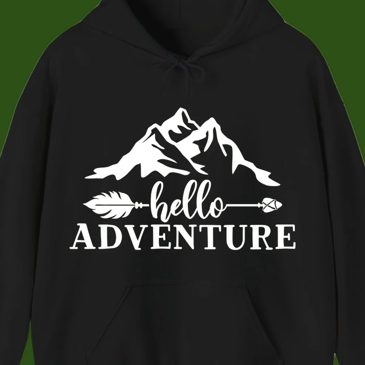 White minimalist design with snow-capped mountains, feather arrows, and hello adventure text on gray background
