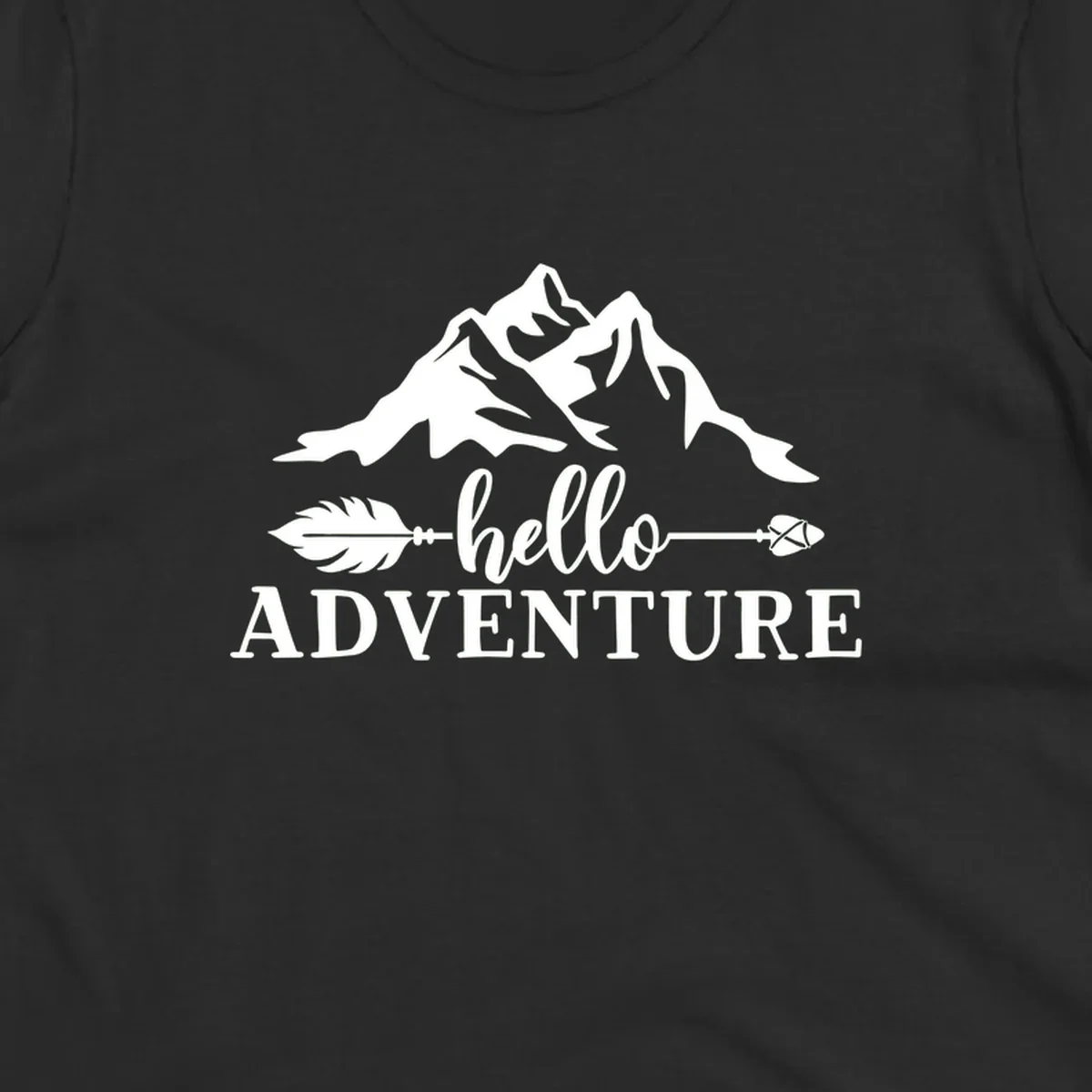 White minimalist design with snow-capped mountains, feather arrows, and hello adventure text on gray background