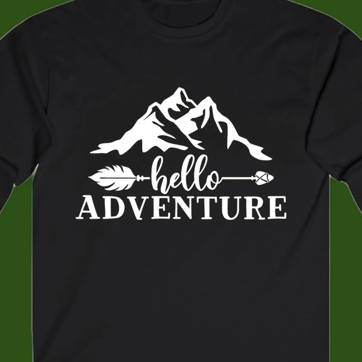 White minimalist design with snow-capped mountains, feather arrows, and hello adventure text on gray background